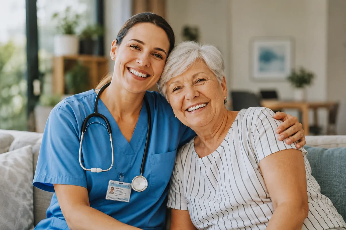 Provider and patient laughing together in a warm, candid consultation